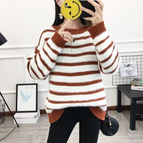Pullover Sweater 2021 Round Neck Striped New Fashion Loose Winter long-sleeve Thick Knit Women Sweter Sweaters Vestidos LXJ1040