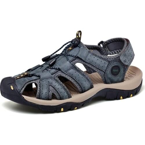 Plus Size 38-48 Men Cow Leather Fashion Casual Sandals Outdoor Beach Upstream Shoes Man Hollow Out Aqua Shoes Water Shoes