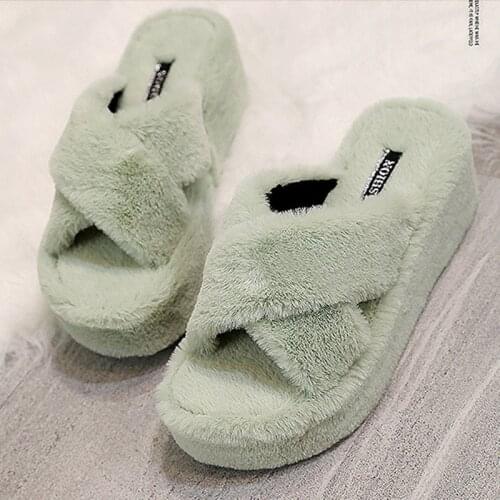 Wedges Fur slippers women plush platform shoes woman sandals muffins cross band furry pantuflas thicken soled fur slides 2020