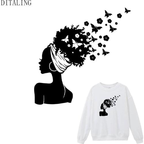 Butterfly Girl Iron On Transfers For Clothing DIY T-Shirt Hoodies Tops Thermal Patches Black Girl Stickers Appliqued On Clothes