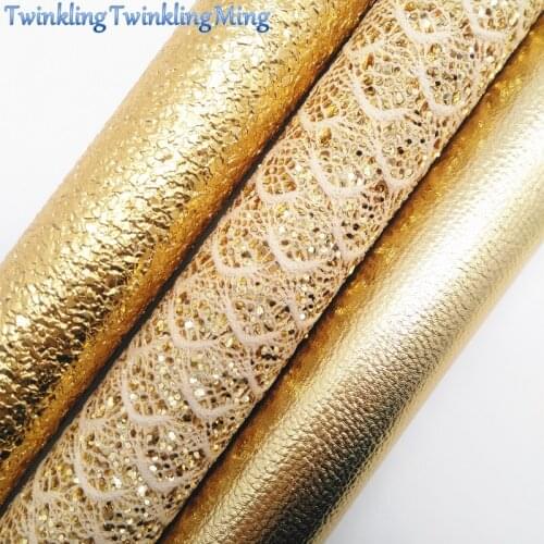 GOLD Lace Glitter Fabirc, Litchi Faux Leather Fabric, Synthetic Leather Fabric Sheets For Bow A4 8"x11"Twinkling Ming XM434