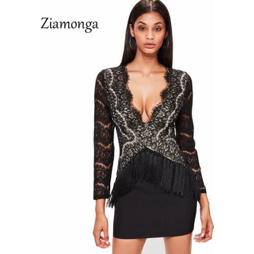Ziamonga Crochet Black Floral Lace Deep V Plunge Patchwork Mini Bodycon Party Dress Sexy Night Club Cleavage Tassel Women Dress