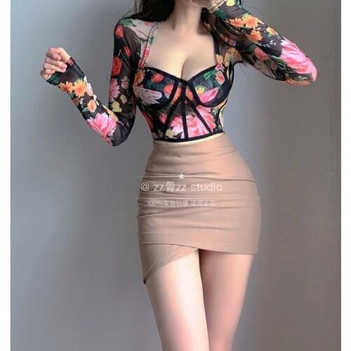 WOMENGAGA Square Collar Elegant Print Sexy Navel Short Basic Long Sleeve Shirt Korean Sexy Women Blouse Boho Y2K W8FE