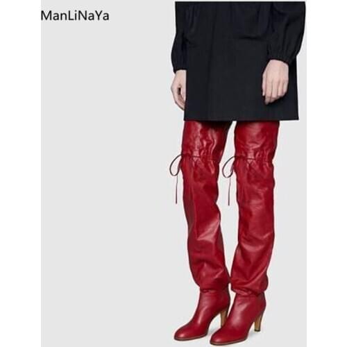 Wood Square Heel Runway Women Boots Cross-tied Pointed Toe Women Chelsea Boots Brand Design Over-the-Knee Female Winter Boots