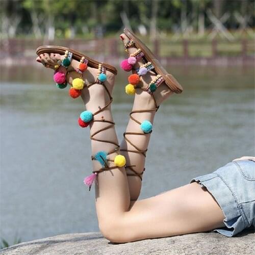 Fornihapfirafs Lovely Mixed Color Pompom Bohemia Sandals Braided Strappy Thong Flats Gladiator Women Sandals Beach Shoes Woman