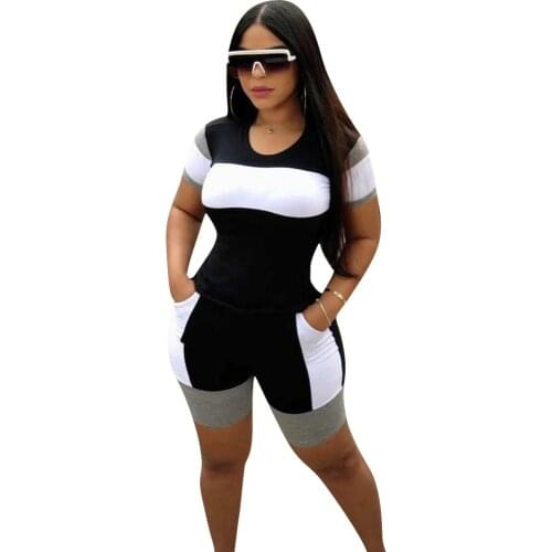 2020 Women Two Pieces Sets Summer Tracksuits Patchwork Sporty Tops+ Shorts Leggings Suit O-Neck Fitness Night Outfits 2 Pcs 6165