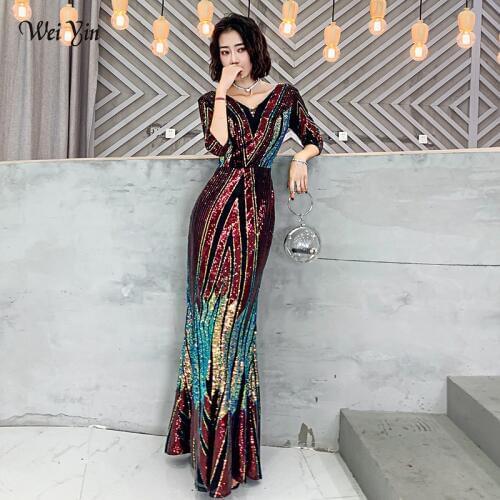 Wei yin AE0269 New Styles Mermaid Evening Dresses Long Elegant V Neck Half Sleeve Sequined Formal Party Gown Robe Longue