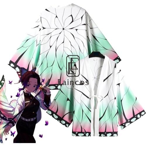 Anime Demon Slayer Kimetsu no Yaiba Kochou Shinobu Cosplay Costume Women Kimono Halloween Robe Haori Chiffon Coat Cloak