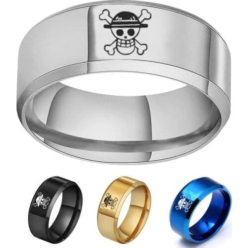 AsJerlya 2021 One Piece Ring Anime Stainless Steel Rings For Men Straw Hat Luffy Pirates Mens Rings Bague Heren Ghibli Rings