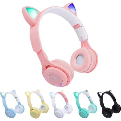 Flash Light Cute Cat Ears Bluetooth Wireless Headphone With Mic Can Control LED Kid Girl Stereo Music Helmet Phone Headset Gift