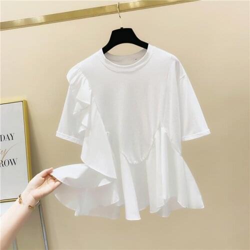 Oversize 4XL Ruffles White Women Blouse Summer New 2021 O-Neck Short-Sleeved Loose Elegant Office Lady Pulls Tops Tees