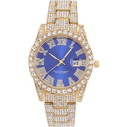 Hip Hop Luxury RRoman Numerals Cubic Zircon Diamond Mens Fashion Blue Face Large Dial Quartz Watch