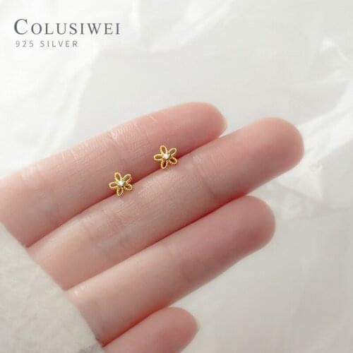 Colusiwei Authentic 925 Sterling Silver Sweet Lovely Hollow Out Plant Flower Stud Earring for Women Mini Ear Pin Fine Jewelry