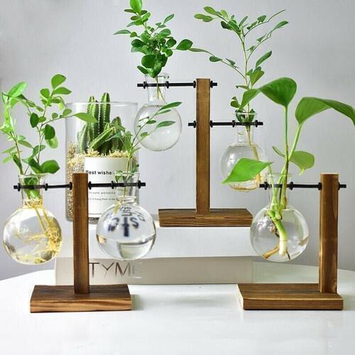 Wooden Frame Glass Hydroponic Container Table Desktop Transparent Glass Flower Arrangement Container Flower Pot Home Decor