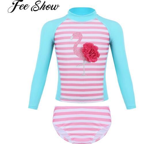 2PCS Kids Girls Tankini Long Sleeves Flamingo Printed Swimsuit Swimwear Bathing Suit Set Tops with Bottoms SZ 6 Months-8