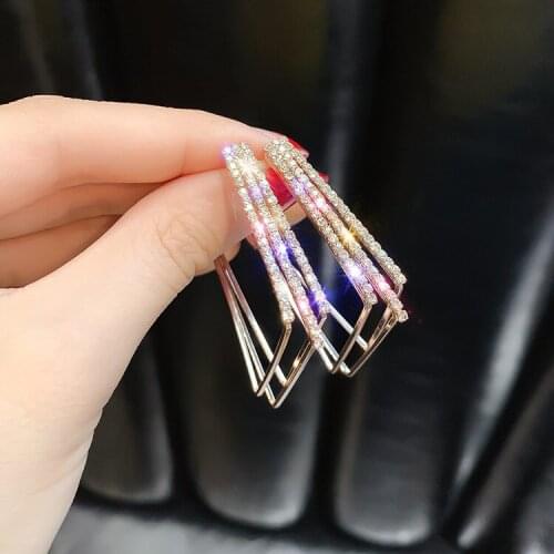 Geometric Hoop Earrings for Women Shiny Gold Silver Color Square Rhinestone Earrings Wedding Fashion Jewelry