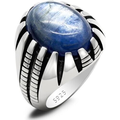Kyanite Ring for Men Sterling 925 Silver Vintage Natural Gemstone Mens Rings Turkish Enhance Luck Courage Stone Jewelry Gift