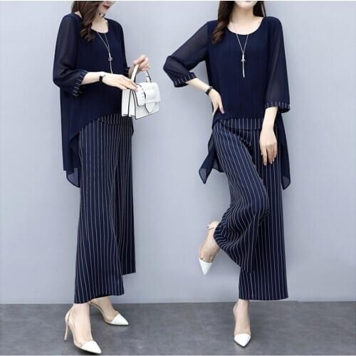 Striped Women Two Piece Outfits Wide Leg Pants Korean Womens Chiffon 2 Piece Set Top Trouser Spring Summer Suit Clothes Oversize