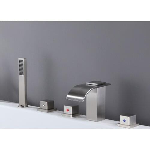 Bathtub Waterfall Faucet Brushed Nickel Deck Mounted Faucet With Handheld Shower Set Bathroom Faucet 5 hole Jacuzzi Faucet