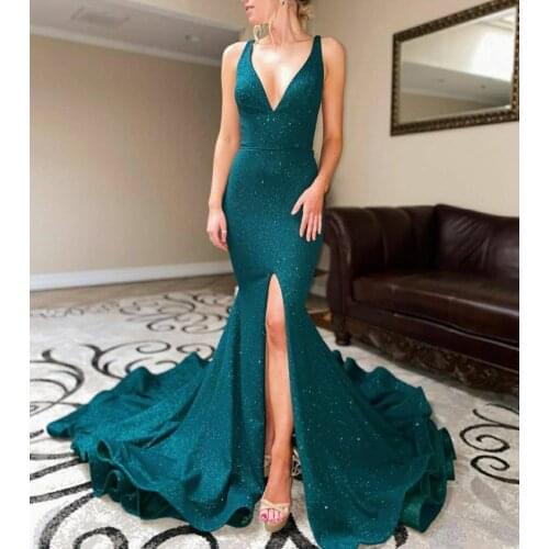 VKBRIDAL Long Mermaid V-Neck Green Prom Dresses with Slit Glitter Homecoming Dress Backless Maxi Formal Party Gowns with Train
