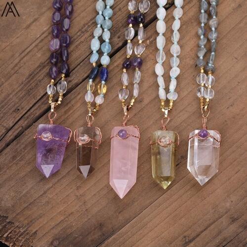 6-8mm Natural Quartz Crystal Point Pendant Natural Stone Beads Handmade Knot Necklace Multi Layer Necklace Long 32 Inch FR-221AM
