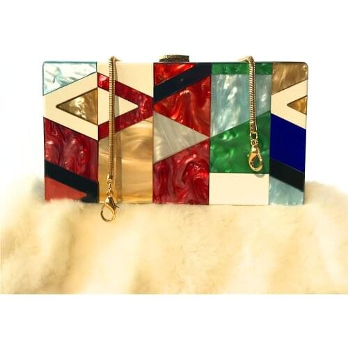 Hunan manufacturers direct sale Amazon wish cross border banquet bag geometric splicing color acrylic box banquet bag