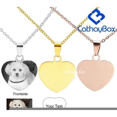 Silver Color Gold Rose Gold Tone Personalized Stainless steel Engraved Name Photo Cute Heart Blank Dog Tag Charm Necklace