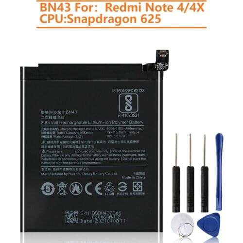 Original Replacement Battery For Xiaomi Redmi Note 4X Note4X Standard Version Redrice BN43 Note 4 Global Snapdragon 625 4100mAh