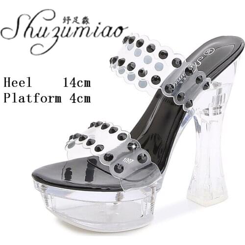 Model Catwalk T Stage Sexy Transparent Crystal One Word Slides Thick Heel 14 CM Ultra High Heel Slippers Platform Womens Shoes