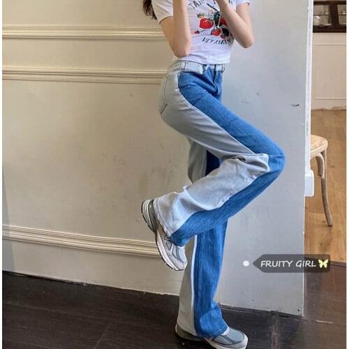 Streetwear Spliced Contrast Color Baggy Jeans Pants Women High Waist Fashion Straight Denim Pants Women Casual Button Fly Pants
