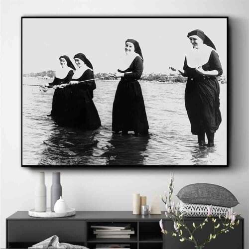 Having Fun Nuns Fishing Nordic Poster Wall Art Canvas Painting Black White Posters And Prints Wall Picture For Living Room Decor