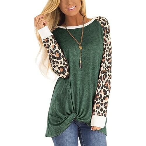 2019 autumn new womens leopard print twisted long-sleeved T-shirt round neck loose top