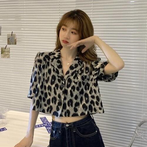 Womens Short Summer High Waist Thin 2021 New Design Sense Suit Collar Leopard Print Hong Kong Style Short Sleeve Shirt Fashion