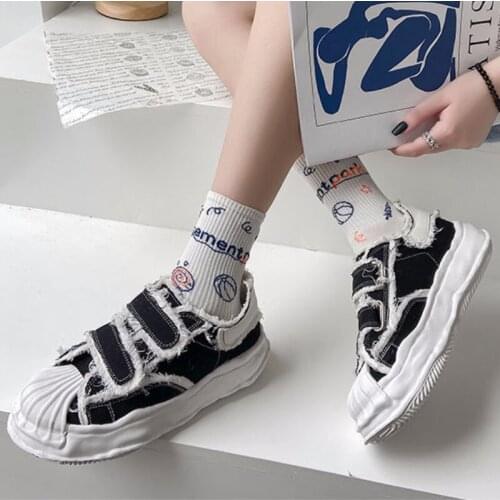 2021 New Arrival Women Canvas Platform Shoes Worn-out Cloth Shoes Punk Black Wedge Shoes Womens Sneakers