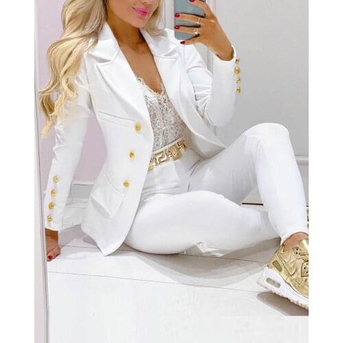 2021 Women New Autumn Lapel Collar Double Breasted Blazer & Tailored Pants Set Long Leggings Suit Elegant 2 Piece Outfits