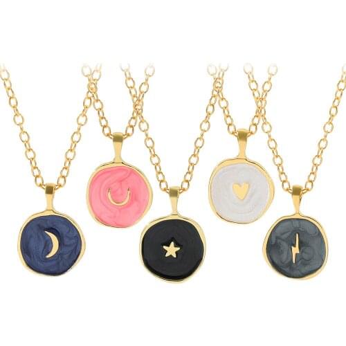 Sweet Cute Moon Star Enamel Necklace Simple Design Korean Fashion Round Heart Lightning Delicate Choker Necklaces for Girls