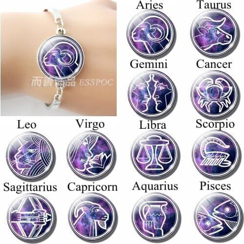 12 Constellations Bracelet Zodiac Sign Aries Taurus Gemini Cancer Leo Glass Cabochon bangle Jewelry Men Women Birthday Gift