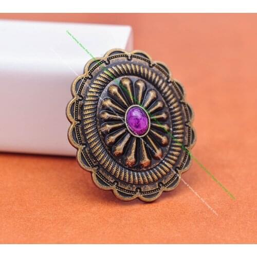6pc 44*38mm Tribal Indian Flower Carved Southeast Purple Bead Leathercraft Luggage bag Wallet Belt Handbag Oval Concho Screwback