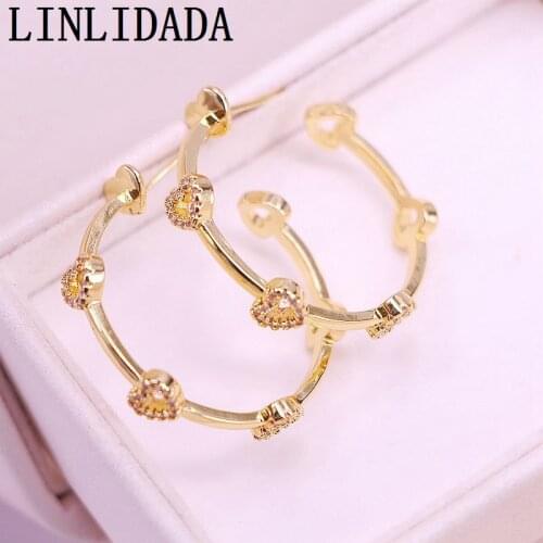 8Pairs, 32MM, New fashion gold color cz heart charm Circle Stud earrings for women girls trendy party jewelry