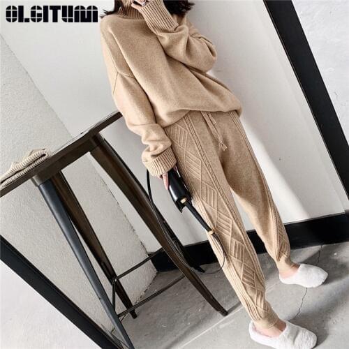 New Fashion 2020 Women Winter Knitted Harem Pants Thick Loose Drawstring Elastic High Waist Thin Wool Pants Women