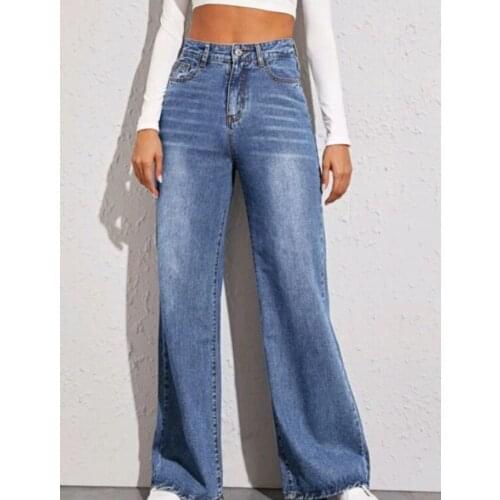 Women High-Waist Jeans Trousers Loose Solid Long Pants Female Zipper Crotch Full-Length Trousers Blue Straight Jeans XS-XL