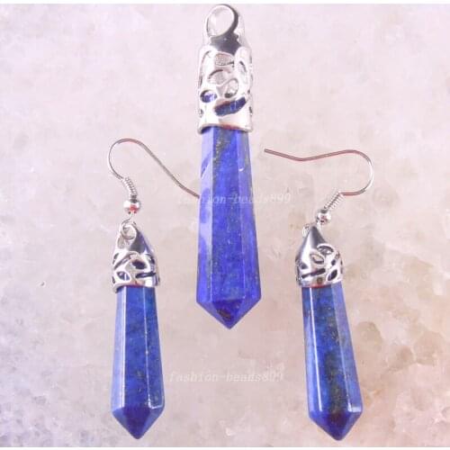 Hexagonal Column Beads Pendant Earrings Natural Stone Blue Lapis Necklace Pendant Earrings Jewelry Set For Women Gift K1331
