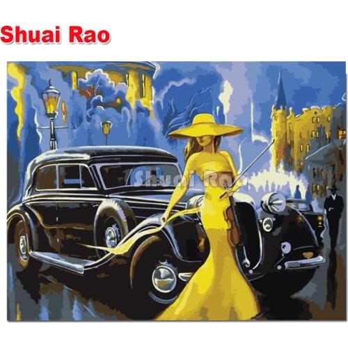 5d photo Round Diamond Painting Beautiful hat beauty Full Drill Square Mosaic Home Decor old car and girl Handmade Embroidery