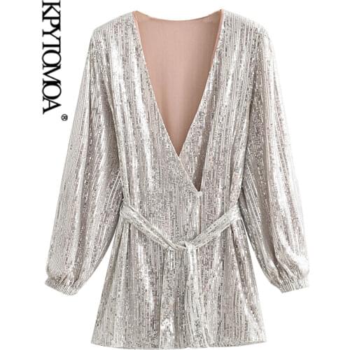 KPYTOMOA Women 2021 Chic Fashion With Belt Shiny Sequin Wrap Mini Dress Vintage Deep V Neck Long Sleeve Female Dresses Vestidos