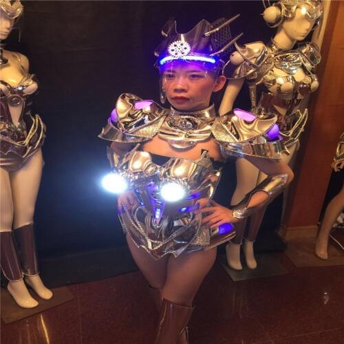 KS05 Bar silver mirror led costumes dj wears armor robot suit women luminous bodysuit glowing dress outfits headpiece rave cloth