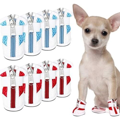 4pcs/set Summer Mesh Breathable Leather Pet Dog Shoes PU Anti-slip Boot For Small Dogs Teddy Dog Cat Shoes Puppy Booties 10A