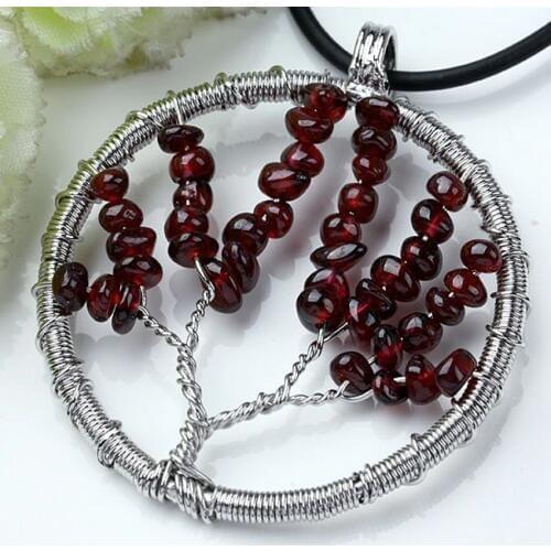 Trendy-beads Silver Plated Natural Garnet Stone Wire Wrapped Tree of Life Round Pendant Fashion Jewelry