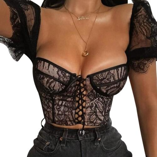 Summer New Lace Chest Sexy Strap Short Sleeve Shirt Solid Color Slim Temperament Shirt