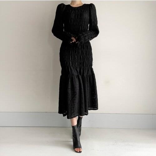 2021 spring new excellent round neck design pleated temperament dress