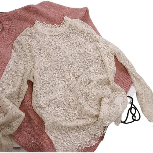 New Design Lace Women Blouse Turtleneck Ruffles Soid Slim Lace Office Lay Elegant All Match Buttoming Shirts Pulls Tops